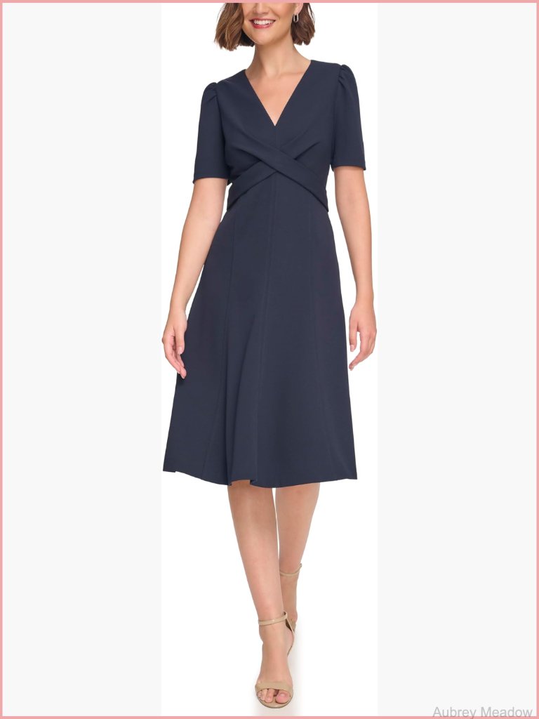 Short Sleeve Surplice Dress With Cross Waist, Knee Length, A-Line Fit